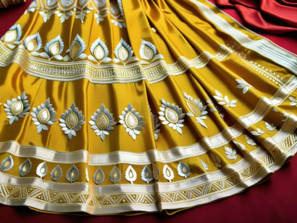 Detalle de un exquisito diseño de arte rajasthani gota patti en un saree o lehenga, con bordados intrincados y opulentos