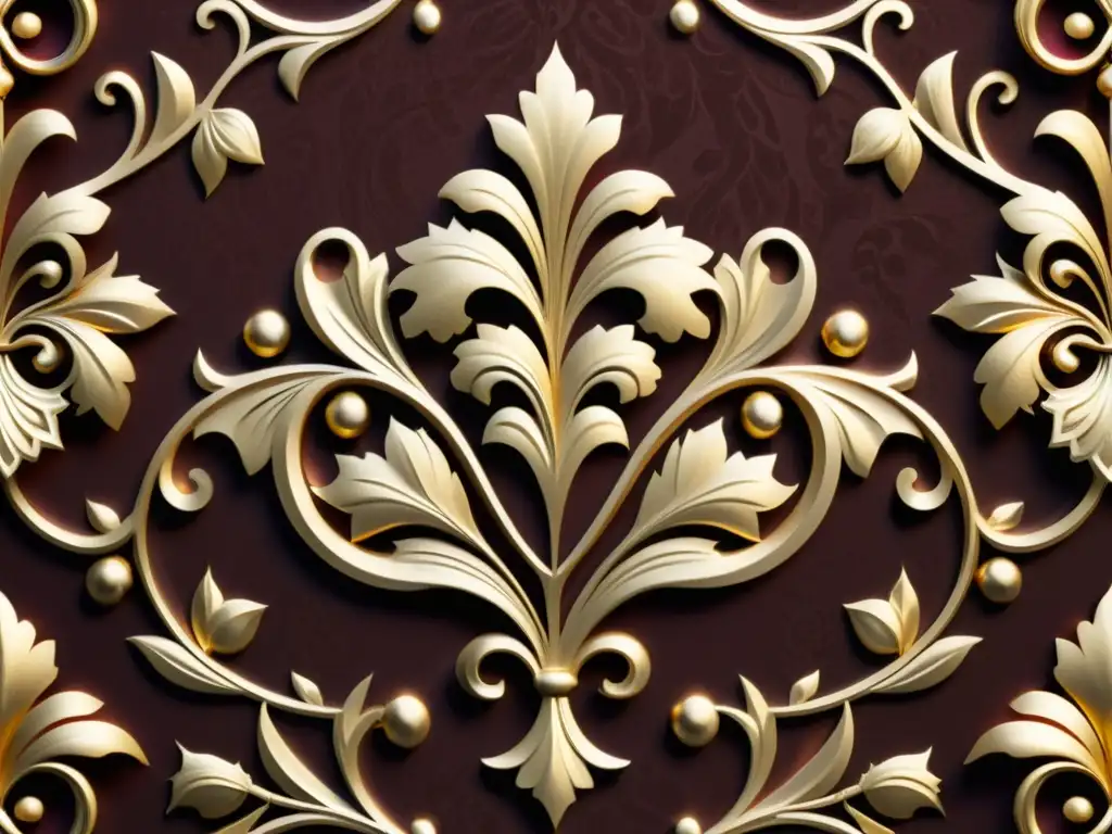 Detalle exquisito de un lujoso patrón vintage en oro sobre fondo burdeos, impacto visual y percepción de lujo en diseño