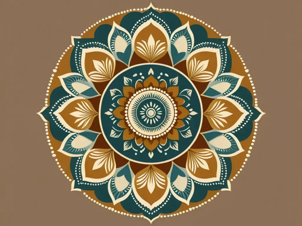 Detalle exquisito de un mandala vintage en tonos cálidos, con patrones florales y geométricos, evocando serenidad y artesanía