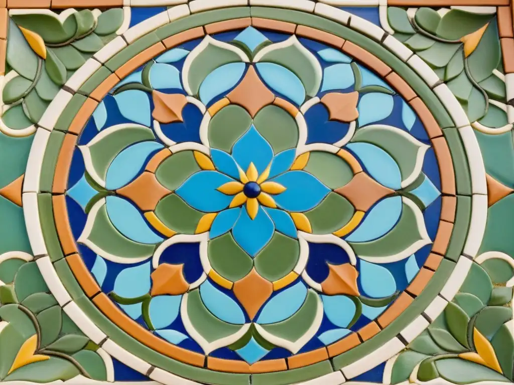 Detalle de un exquisito mosaico árabe en tonos terracota, verde oliva y azul, resaltando su artesanía y elegancia atemporal en palacios y residencias