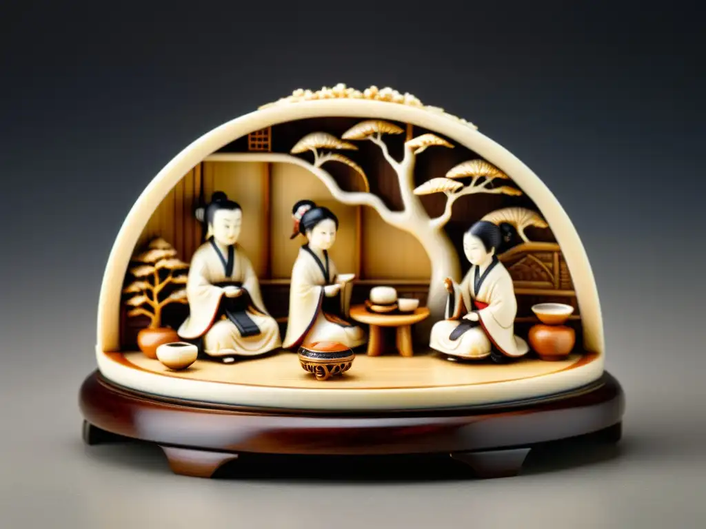 Detalle exquisito de un netsuke de cerámica miniatura Japón, evocando elegancia y riqueza cultural en una escena de té japonesa