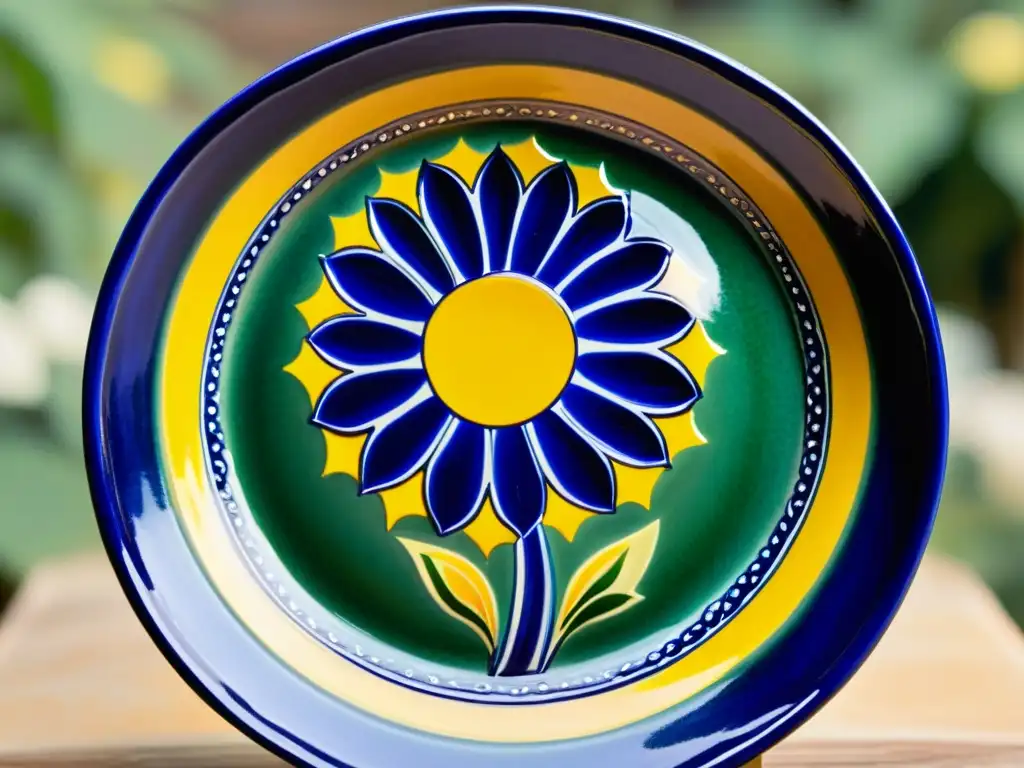 Plato de Talavera: Belleza tradicional en cerámica Detalle de exquisito plato de cerámica de Talavera, con intensos colores y patrones florales, evocando elegancia y cultura