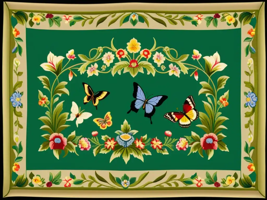 Detalle exquisito de un tapiz victoriano con jardín exuberante y mariposas