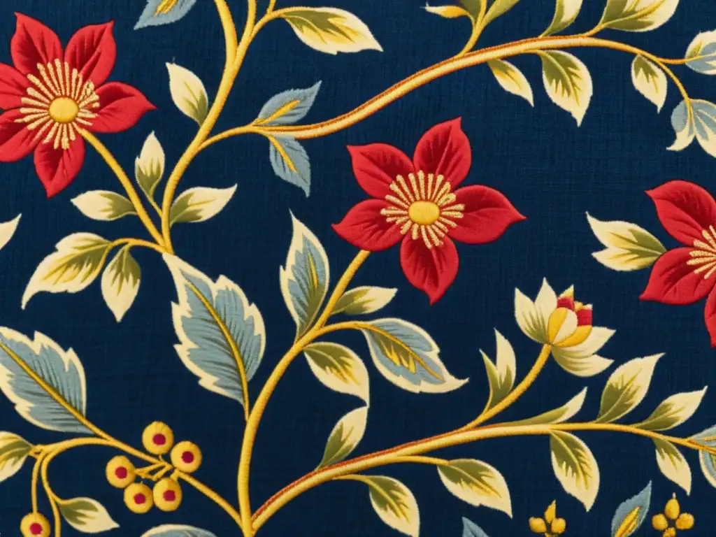 Detalle de exquisito textil chintz de la India, con patrones florales vibrantes en tonos de rojo, índigo y dorado