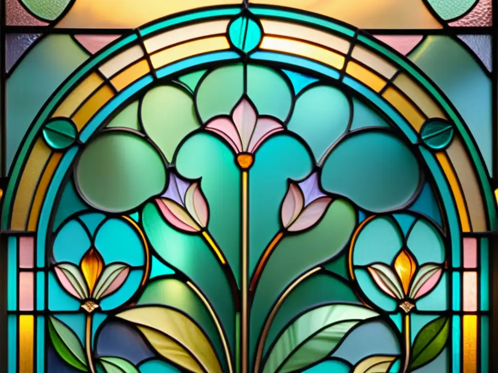 Detalle exquisito de ventana Art Nouveau con patrones florales y geométricos en suave luz solar