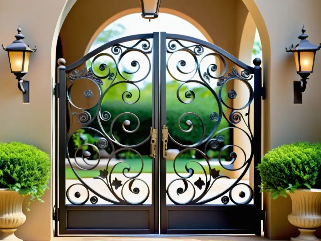 Detalle exquisito de una verja de herrería con simbolismo herrería tradicional europea, flanqueada por faroles de hierro forjado