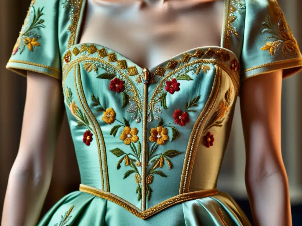 Detalle de un exquisito vestido de alta costura vintage, destacando la rica textura y patrones ornamentales