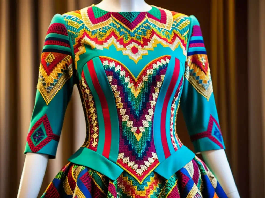 Detalle de un exquisito vestido de alta costura vintage con patrones multicolor, deslumbrante y elegante