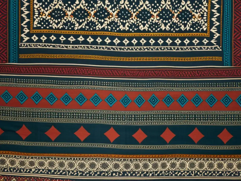 Detalle de exquisitos patrones artísticos en tela Ajrakh de Kutch, reflejando su rica herencia artesanal