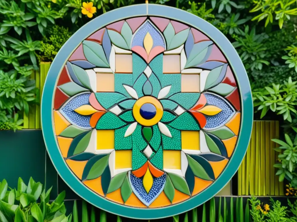 Detalle de mosaico árabe en jardín exuberante con flores y senderos, creando un ambiente armonioso y atemporal