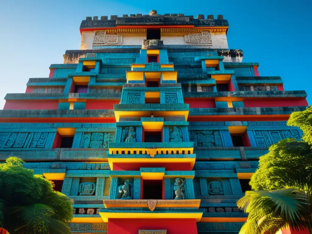 Detalle de fachada de edificio maya con patrones arquitectura Maya Guatemala en colores vibrantes y detalles mitológicos