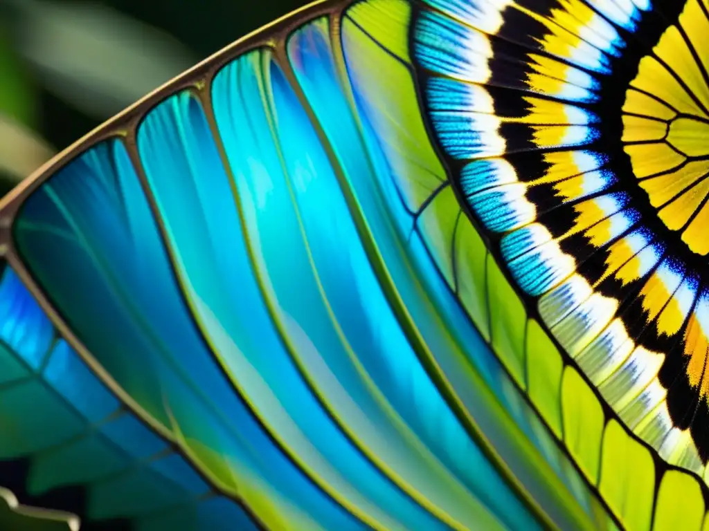 Detalle fascinante de un ala de mariposa con patrones naturales y colores iridiscentes, reflejando la luz del sol