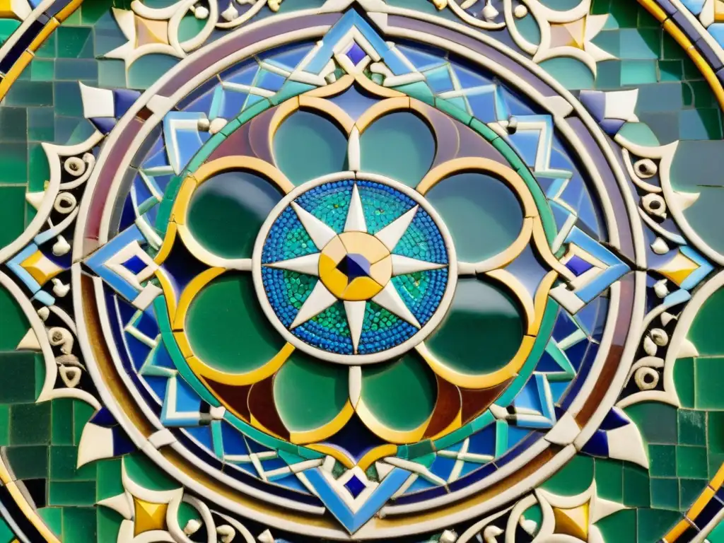 Detalle fascinante de restauración de mosaico árabe, resaltando la preservación del arte con patrones geométricos vibrantes