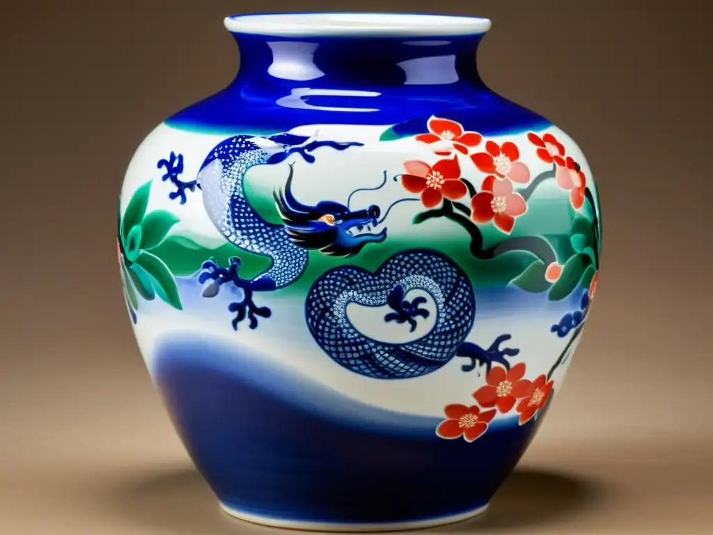 Detalle fascinante de un jarrón de cerámica china con patrones de flores de cerezo, dragones y ondas en azul, verde y rojo vibrantes