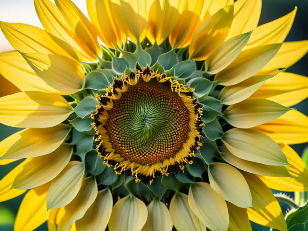 Un detalle fascinante de un girasol vibrante, con patrón espiral y colores cálidos