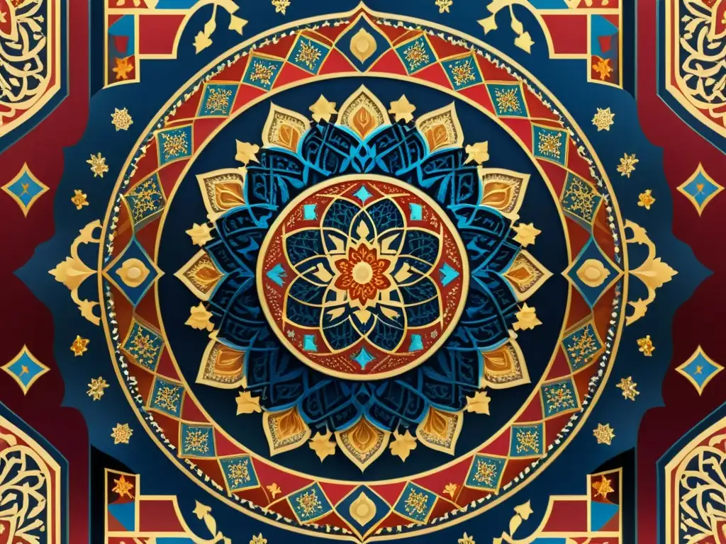 Detalle fascinante de un patrón islámico vintage con intrincados diseños geométricos, motivos florales y arabescos en tonos ricos