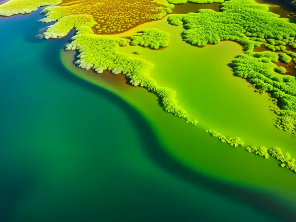 Detalle fascinante de patrones de algas en agua cristalina evoca la estética de los patrones de algas en la naturaleza