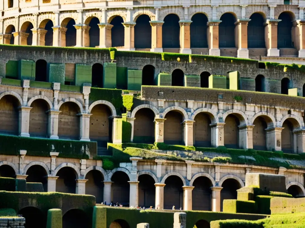 Detalle fascinante de los patrones arquitectónicos del Coliseo Romano, evocando la atmósfera histórica del Imperio romano