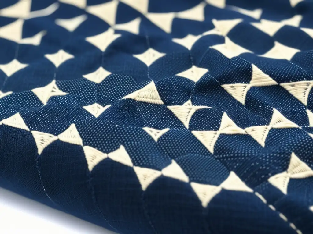 Bordado Sashiko: Belleza Geométrica y Floral Detalle fascinante de tela con bordado Sashiko, patrón japonés de diamantes entrelazados y motivos florales en azul índigo sobre tela natural