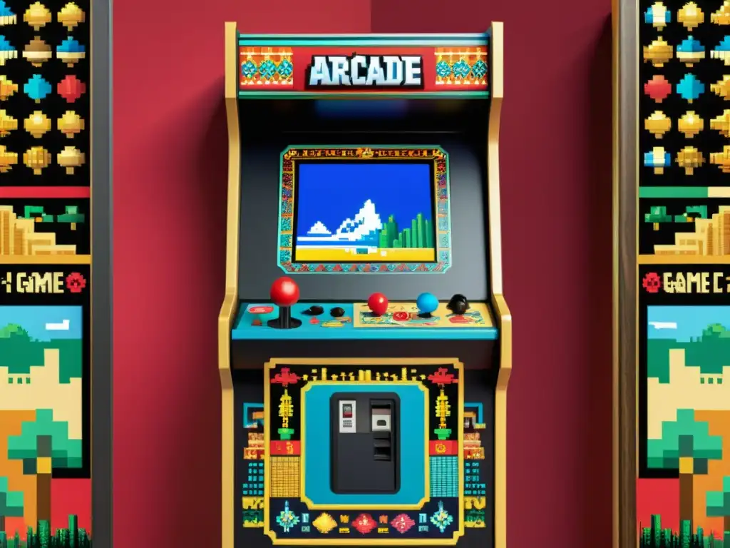 Cabinet de arcade vintage con pixel art cultural Detalle de un gabinete de arcade con pixel art de patrones culturales en videojuegos, invitando a explorar la rica diversidad global