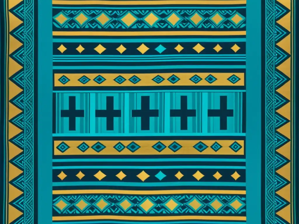 Detalle de tejido azteca con geometría sagrada en azules, verdes y dorados, evocando su rica influencia cultural