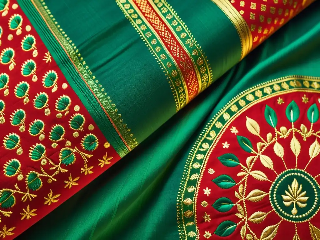 Detalle de Gharchola con patrones en vestimenta nupcial hindú en rojo, verde y dorado, realzando la artesanía y significado cultural