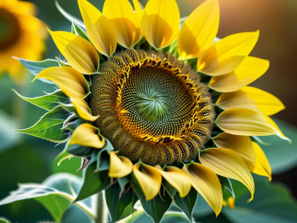 Detalle de un girasol vintage con la secuencia numérica Fibonacci en flora, bañado por cálido y dorado sol