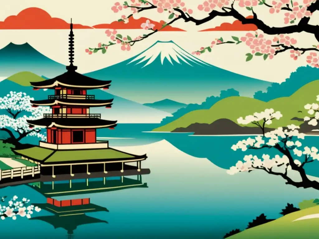 Grabado japonés: paisaje sereno con cerezos en flor Detalle de grabado japonés mostrando paisaje sereno con cerezos en flor, pagoda y río