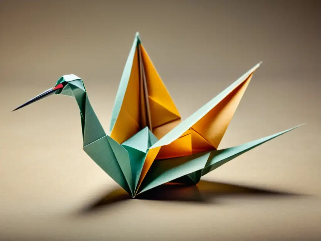 Detalle de grulla de origami en papel envejecido, resalta diseño de patrones de origami con iluminación cálida y textura vintage