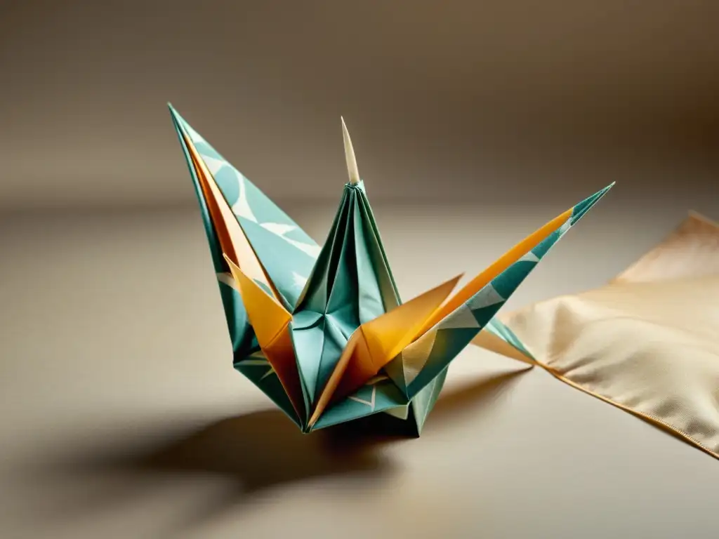 Detalle de grulla de origami en seda con patrones, reflejando la influencia de los patrones de origami en la artesanía