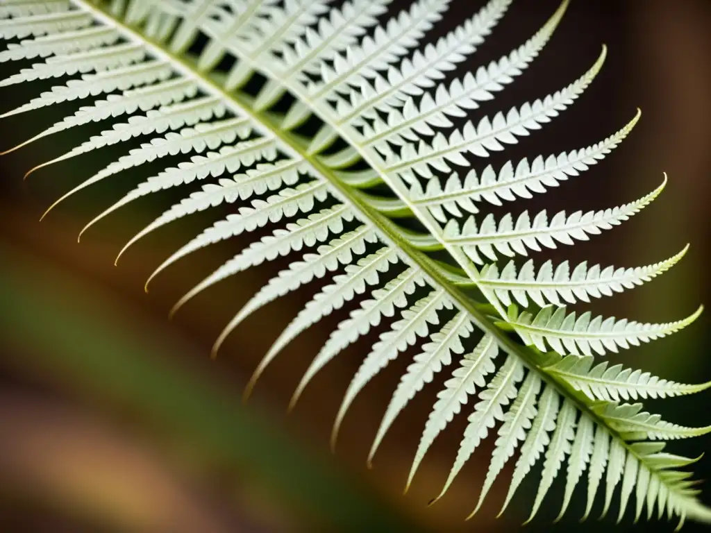 Detalle de un helecho desplegándose, con patrones artísticos inspirados en la naturaleza, en tonos sepia cálidos y un toque nostálgico