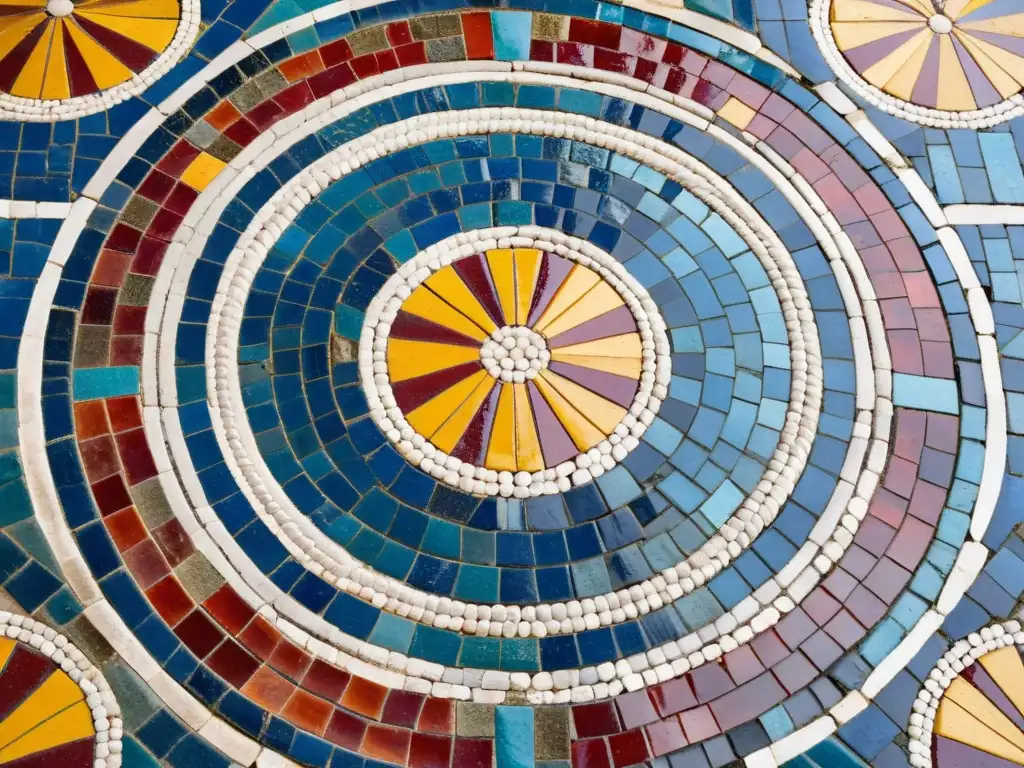 Detalle de un hermoso mosaico romano en España, con patrones geométricos y colores vibrantes