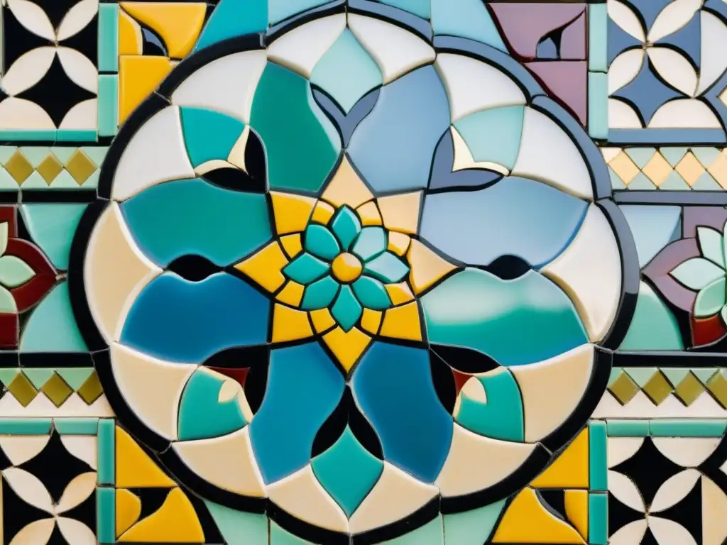 Detalle de un hermoso mosaico árabe vintage restaurado, con patrones geométricos intrincados y colores vibrantes