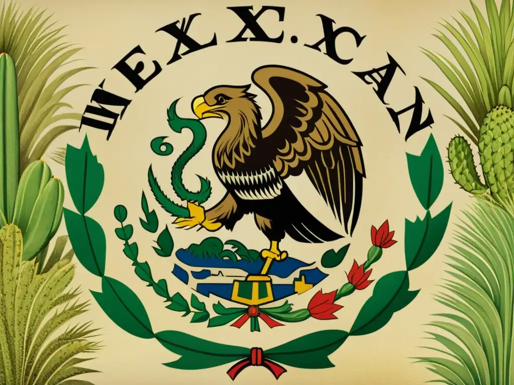 Detalle histórico del escudo mexicano: el águila, el cactus y la serpiente en una ilustración vintage