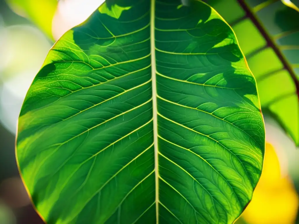 Detalle de una hoja tropical verde exuberante con patrones y textura, bañada por la luz del sol