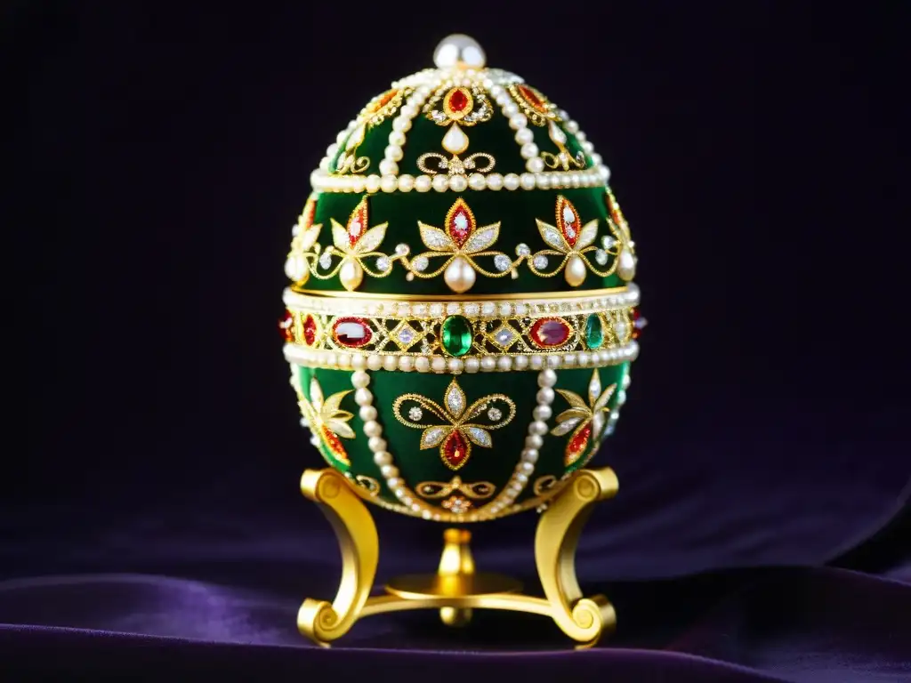 Detalle de huevo Fabergé con perlas, diamantes y gemas sobre terciopelo oscuro, evocando opulencia y significados patrones Rusia Imperial