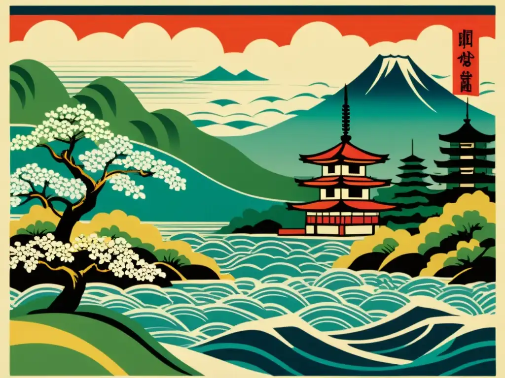 Grabado japonés vintage: paisaje sereno con pagoda y río Detalle de impresión japonesa con patrones tradicionales, paisaje sereno y pagoda entre árboles junto al río