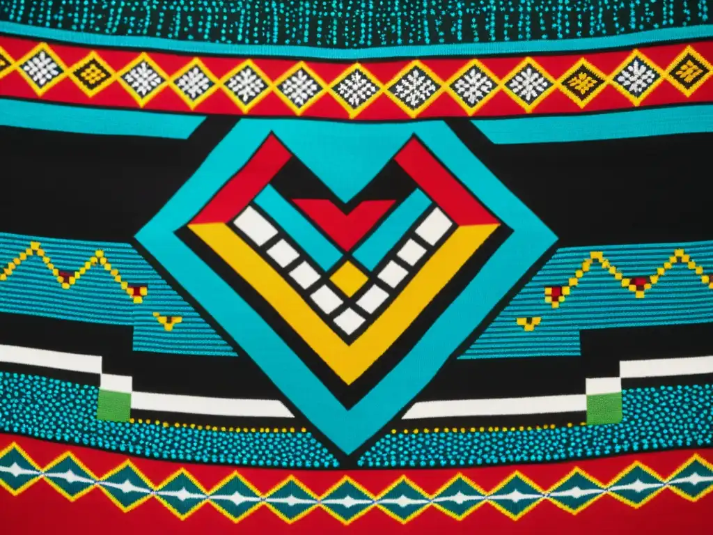 Detalle impresionante de arte textil Zulu con patrones intrincados y colores vibrantes