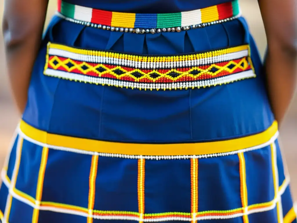 Detalle impresionante del arte textil tradicional de mujeres Ndebele: delantal decorado con meticulosa artesanía y vibrantes patrones geométricos