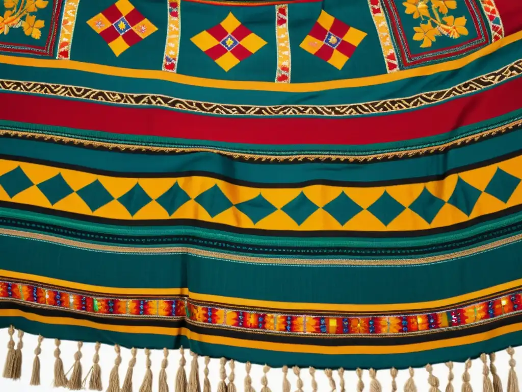 Un detalle impresionante de un chal vintage con patrones culturales, colores vibrantes y artesanía meticulosa