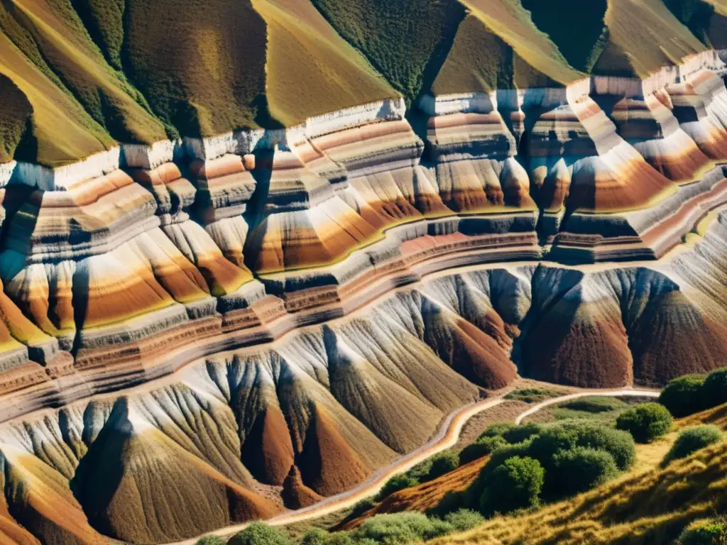 Detalle impresionante de una falla geológica, mostrando la belleza de sus formaciones y texturas en tonos cálidos y terrosos