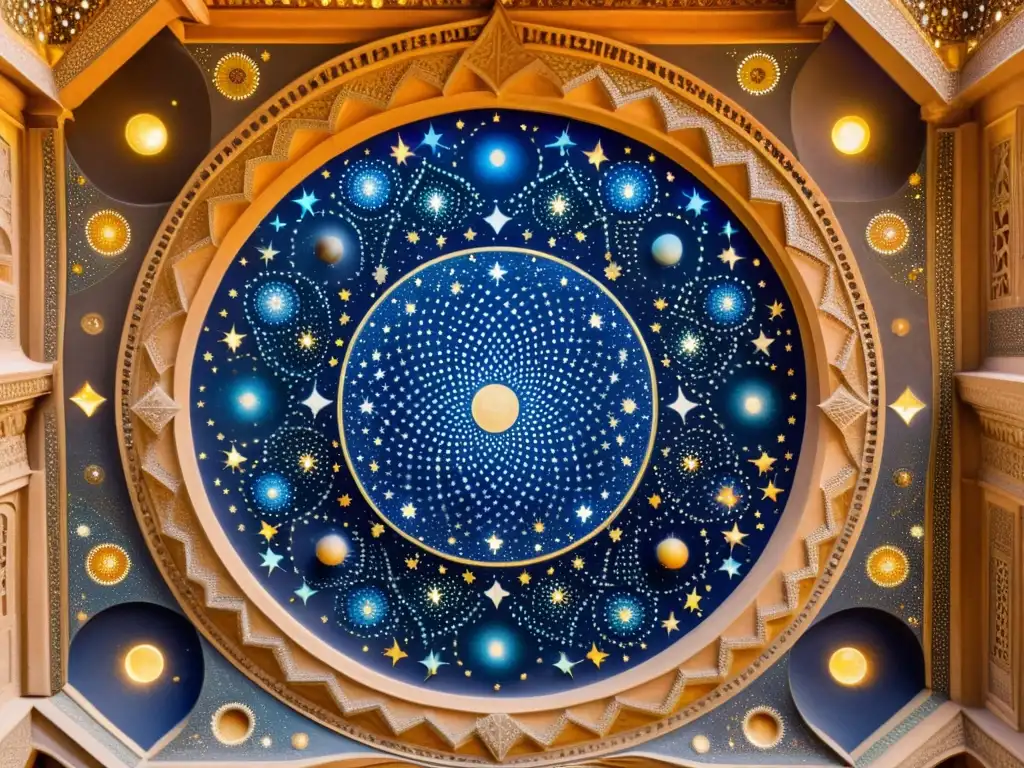 Arte celestial: Mosaico árabe estelar Detalle impresionante de mosaico árabe con influencia de astronomía, en un palacio antiguo