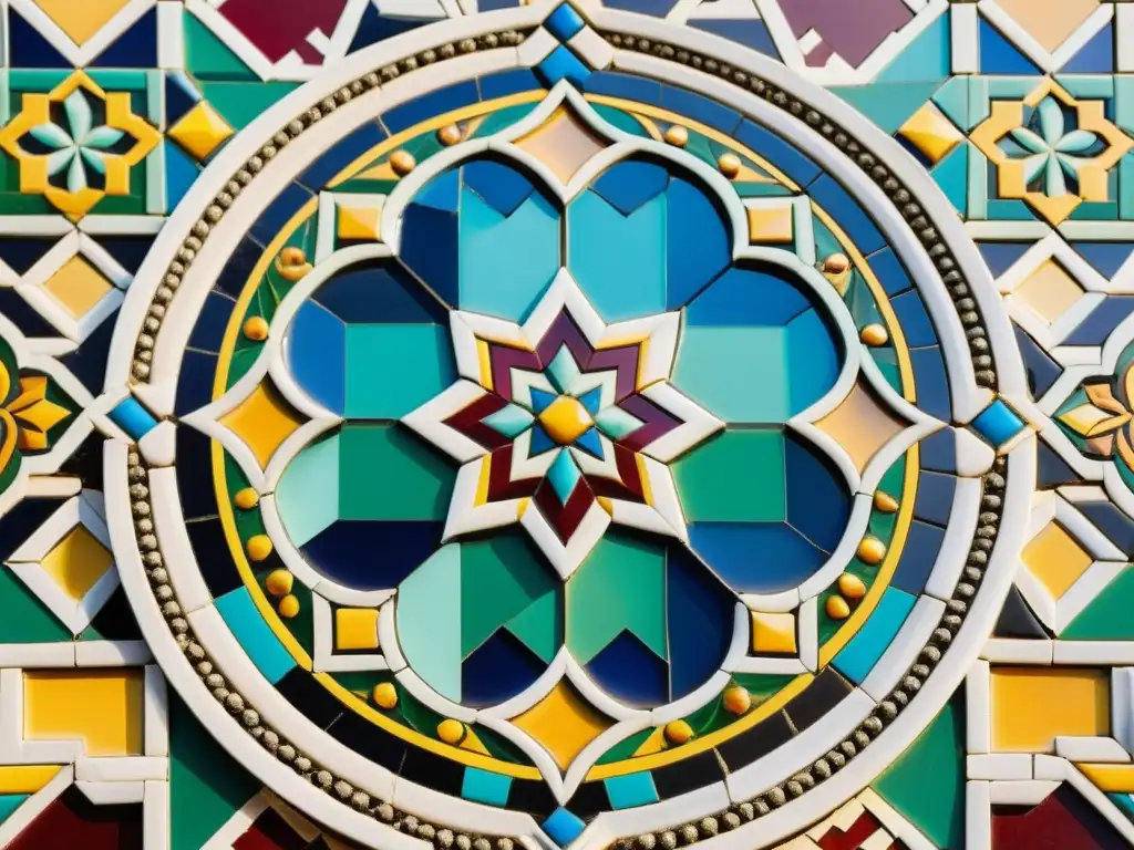 Detalle impresionante de un intrincado mosaico árabe vintage, resaltando su rica paleta de colores y patrones geométricos