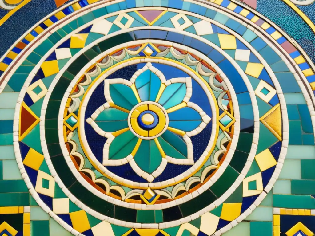 Detalle impresionante del mosaico bizantino restaurado, con patrones geométricos y colores vibrantes que resaltan el diseño artístico de la antigua cultura bizantina