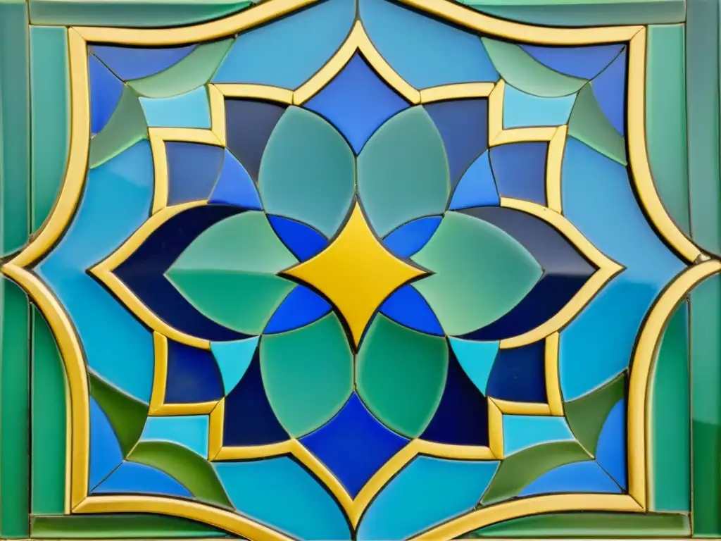 Detalle impresionante de un mosaico árabe vintage en tonos vibrantes de azul, verde y dorado, evocando historia, artesanía y poesía interpretativa