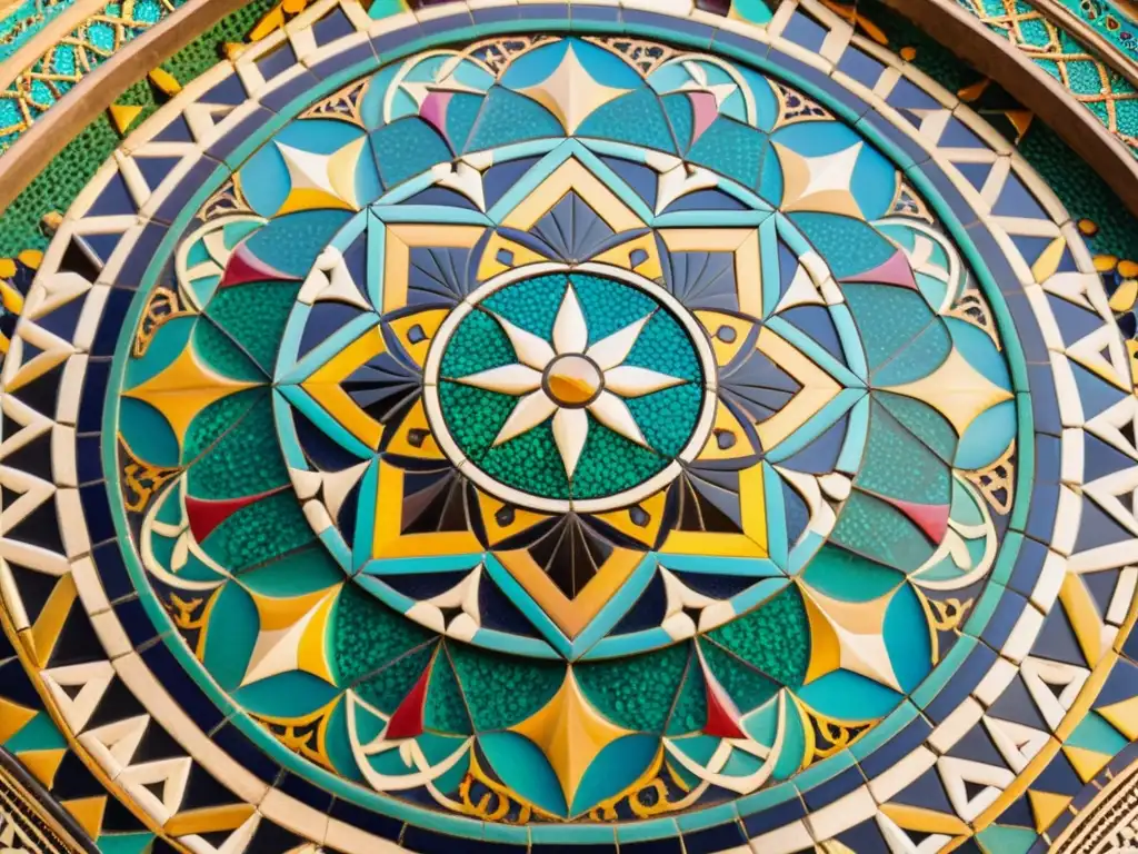 Detalle de un impresionante mosaico árabe vintage, exhibiendo patrones geométricos y colores vibrantes