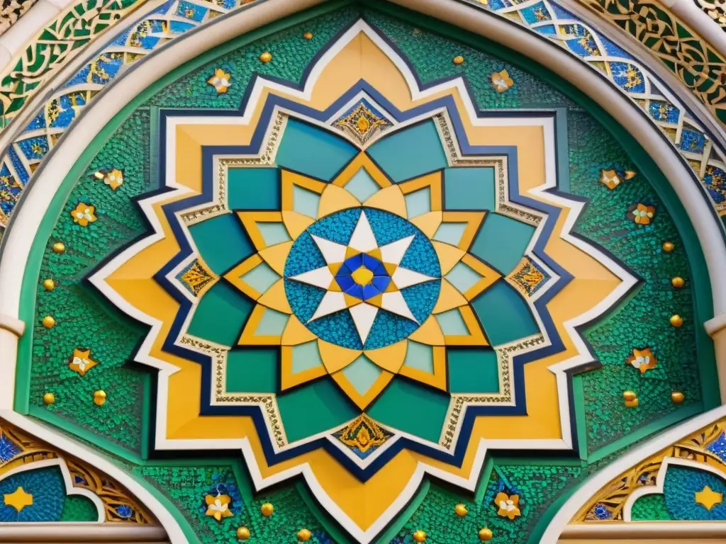 Detalle impresionante de mosaicos árabes con representaciones geométricas y vibrantes colores en una histórica mezquita