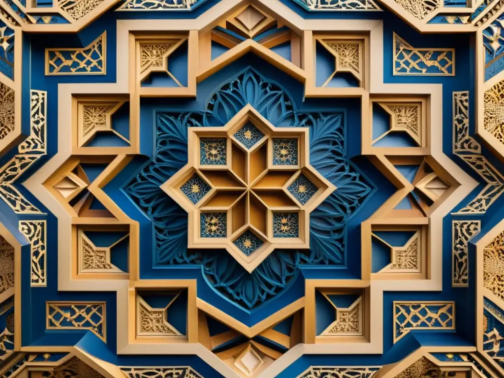 Detalle impresionante de un patrón geométrico en arte islámico, evocando belleza y cultura en tonos vintage de azules, dorados y marrones