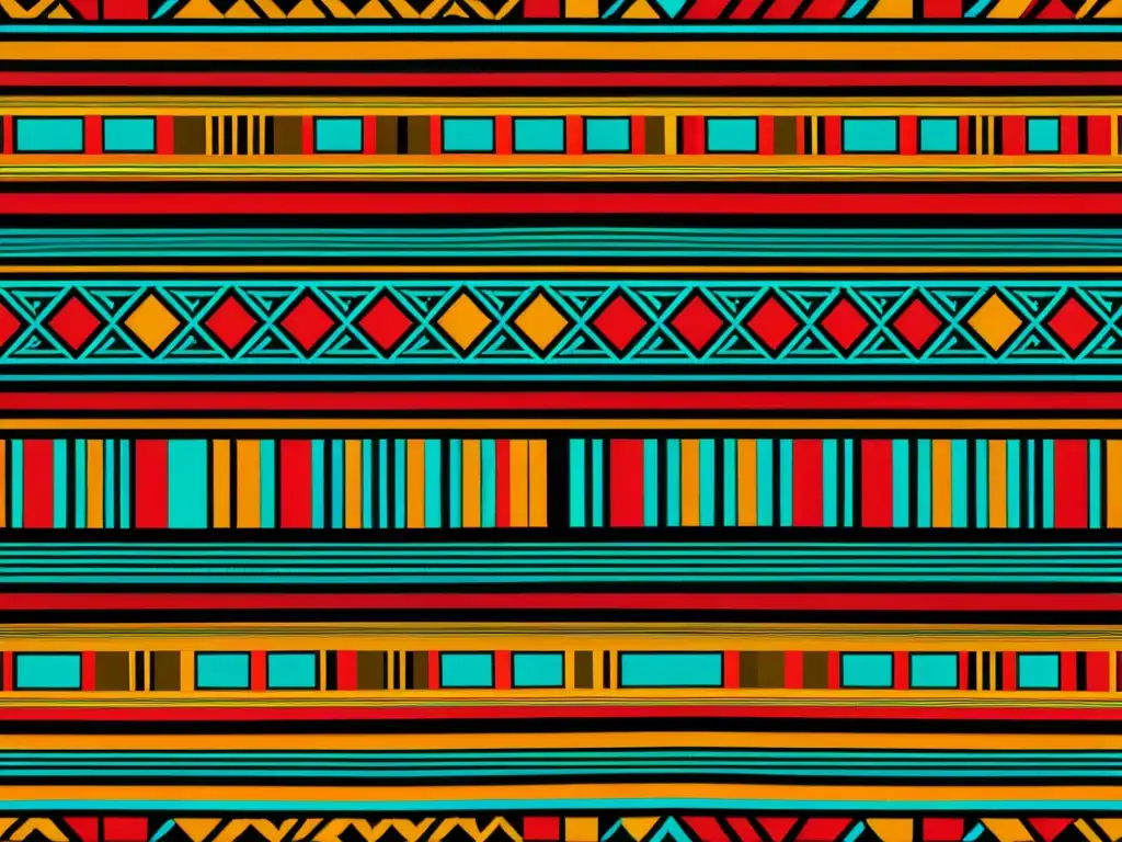 Detalle de un impresionante patrón textil precolombino con diseños geométricos intrincados y colores vibrantes, evocando historia y tradición