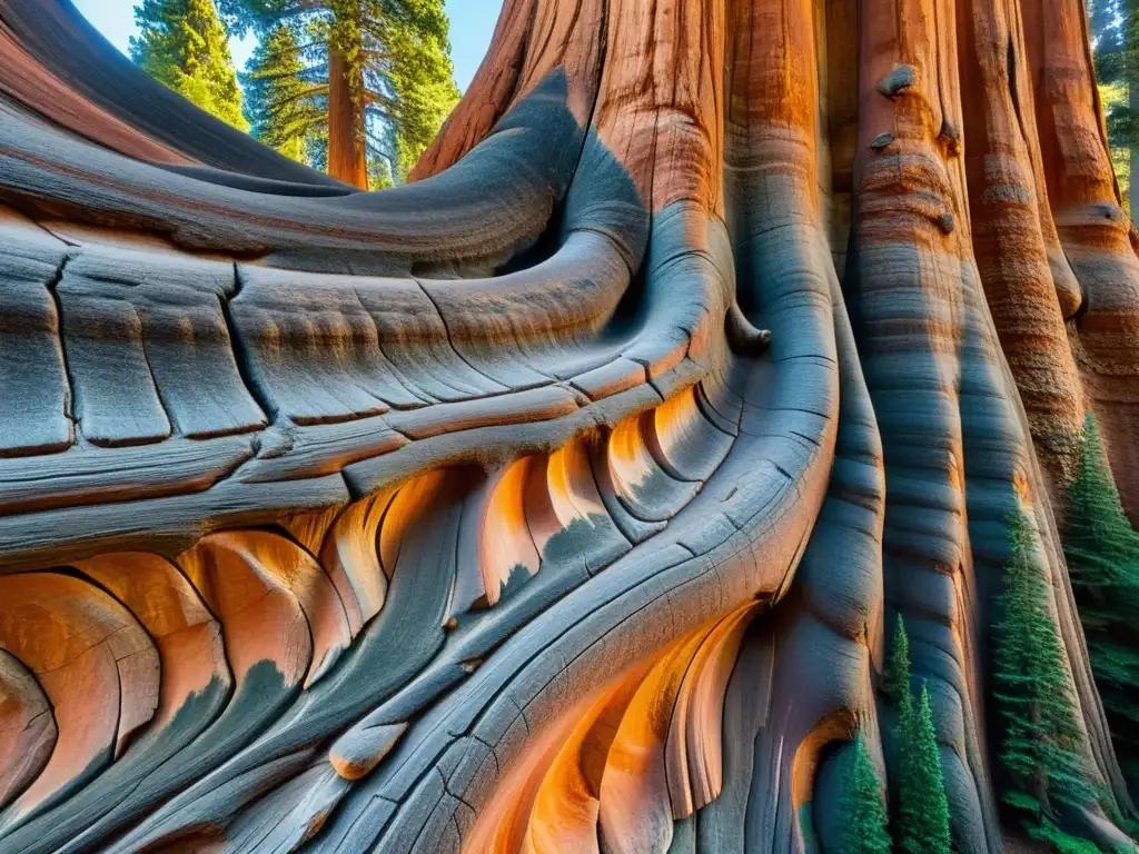 Detalle impresionante de los patrones naturales en la corteza de un sequoia en el Parque Nacional de las Sequoias, evocando su belleza atemporal